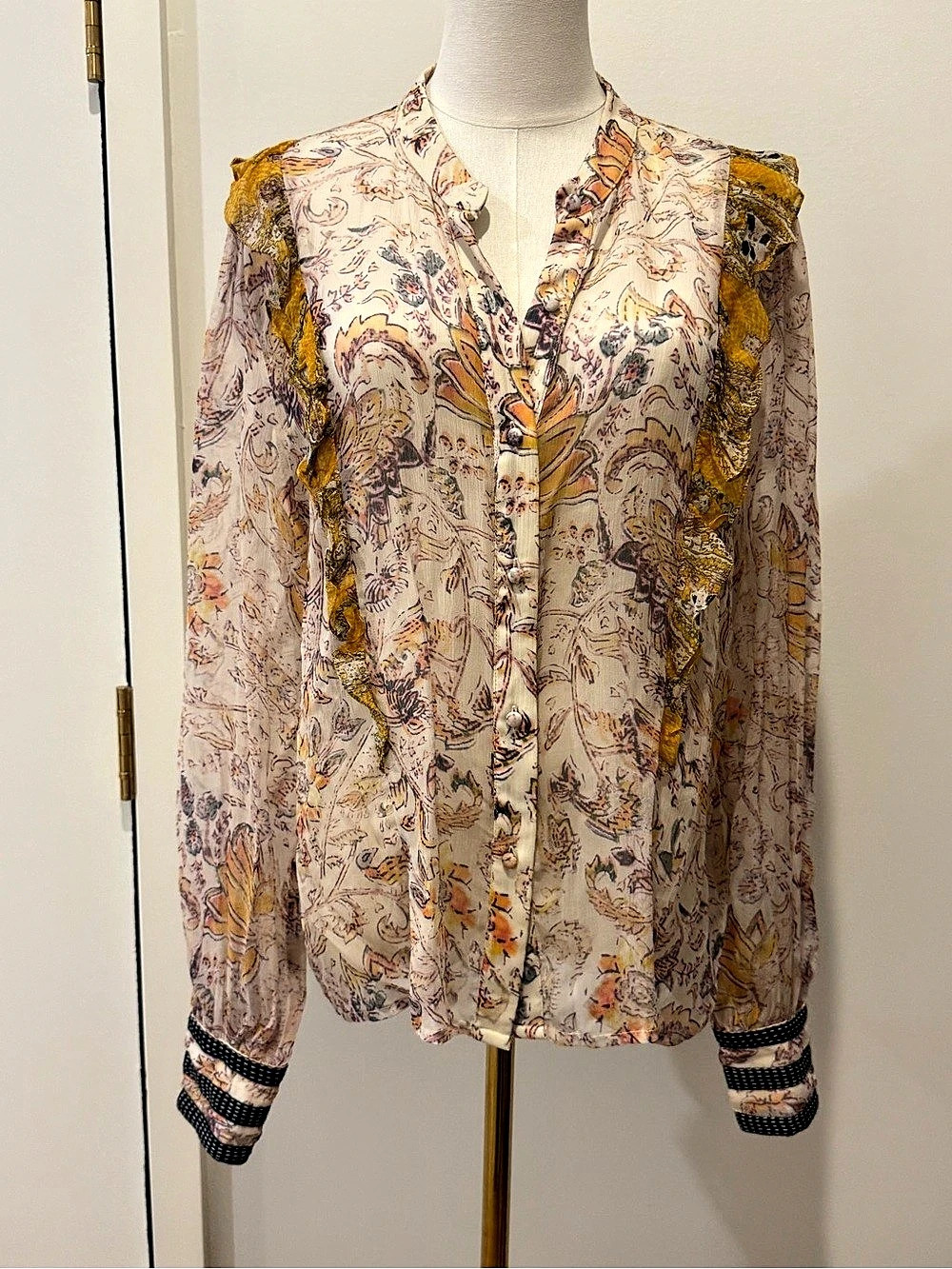 Hemant & Nandita Floral Paisley Ruffle Blouse Cream Mustard L